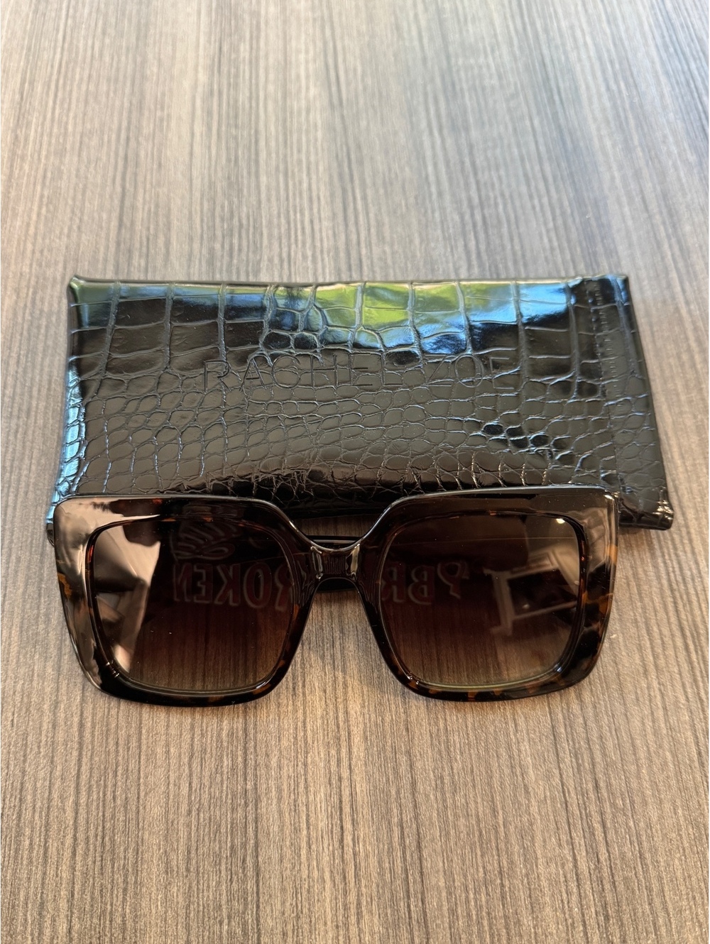 Rachel Zoe Tortoise Shell Square Sunglasses with Black Croc Case New!